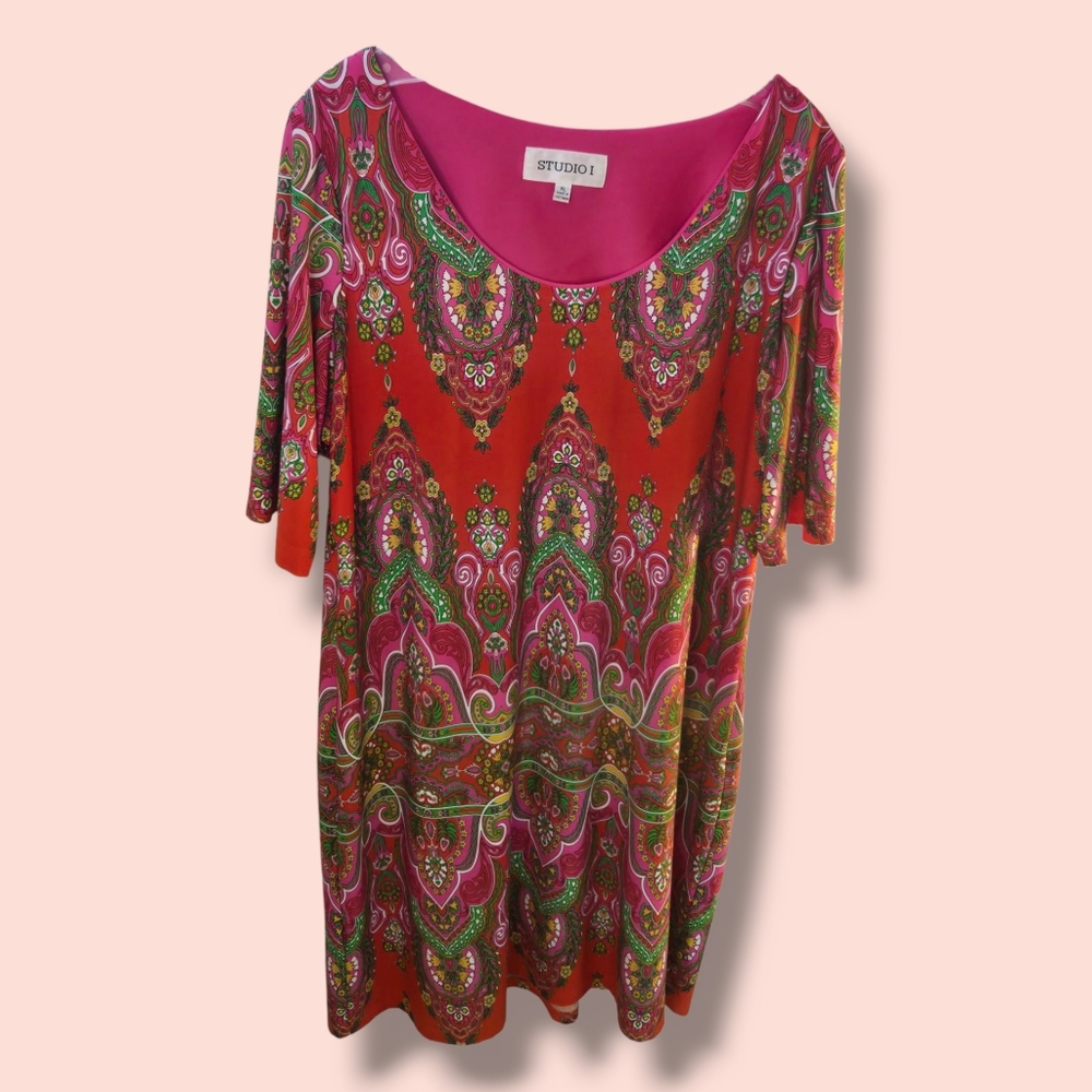 Studio I | Red Floral Zen Print Lightweight Dress | Size XL | Stretch | NEW |